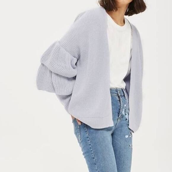 Topshop Tiered Ruffle Sleeve Open Front Cardigan in Lilac - Picture 1 of 13